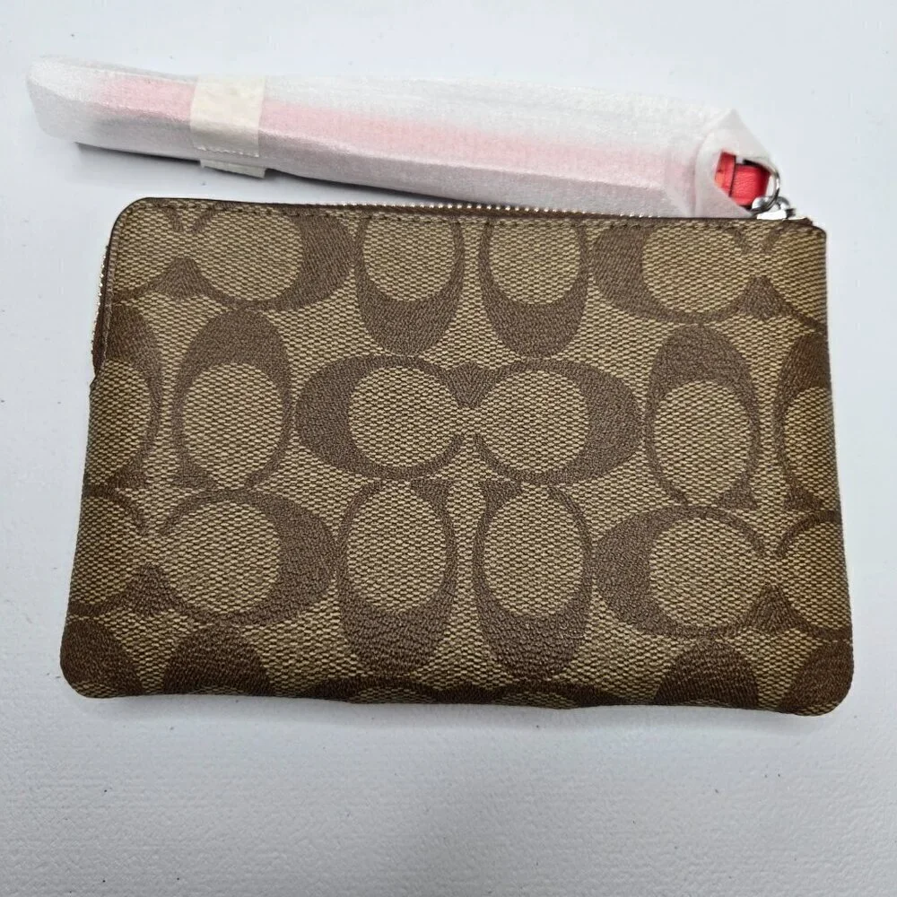 Coach Zip Wristlet In Signature Canvas Silver Khaki Miami Red